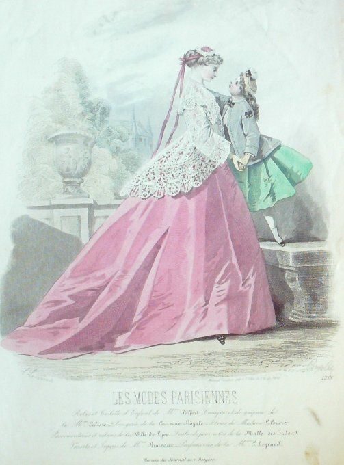 Gravure Les Modes Parisiennes 1865 #1213 Robe velours mantelet Maison Pieffort