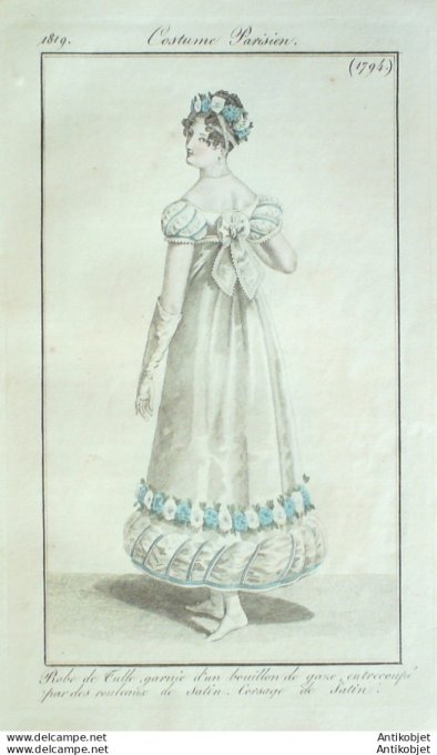Gravure de mode Costume Parisien 1819 n°1794 Robe de tulle garnie d'un bouillon