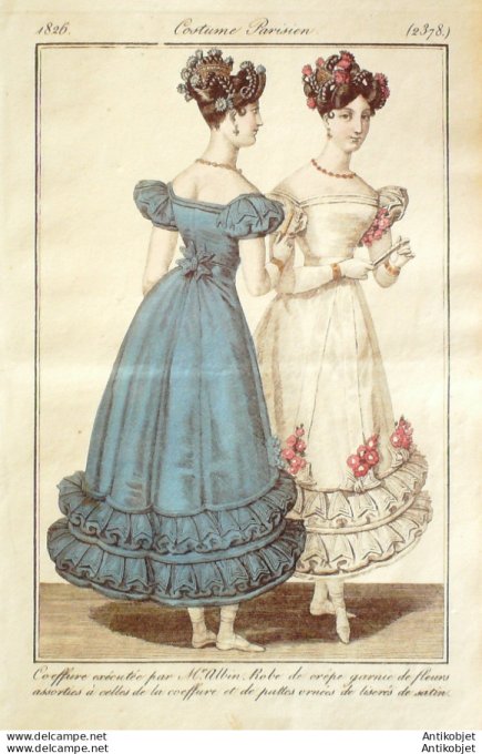 Gravure de mode Costume Parisien 1826 n°2378 Robe de crêpe garnie de fleurs
