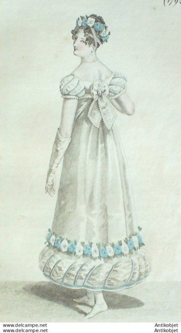 Gravure de mode Costume Parisien 1819 n°1794 Robe de tulle garnie d'un bouillon