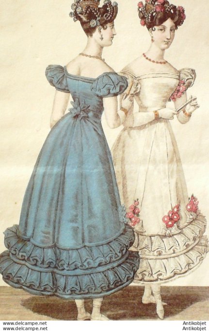 Gravure de mode Costume Parisien 1826 n°2378 Robe de crêpe garnie de fleurs