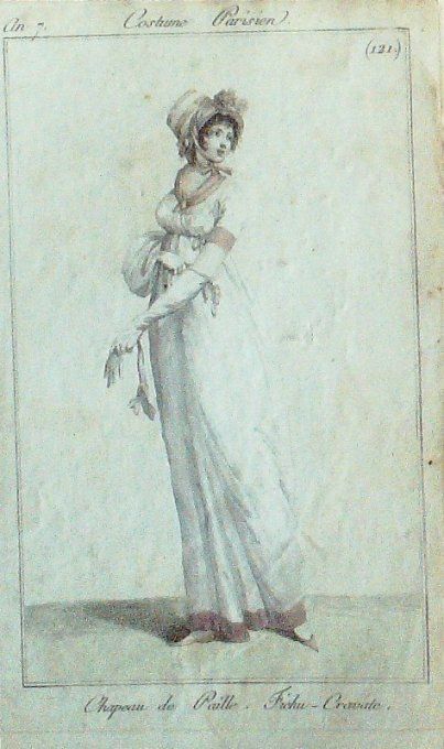 Gravure Mode Costume Parisien 1799 an  7 # 121 (eau forte old Fashion plate