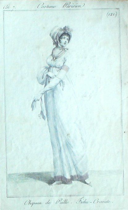 Gravure Mode Costume Parisien 1799 an  7 # 121 (eau forte old Fashion plate