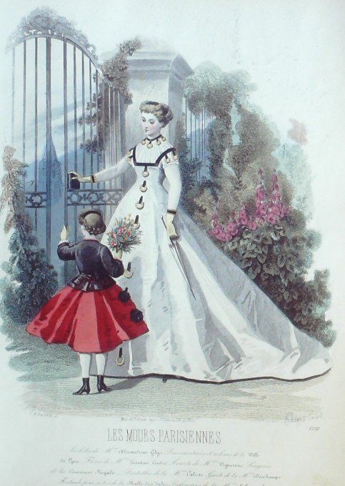 Gravure Les Modes Parisiennes 1865 #1222 Robe gros de Lyon Maison Ghys