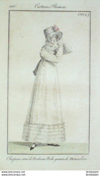 Gravure de mode Costume Parisien 1816 n°1604 Robe garnie de mousseline