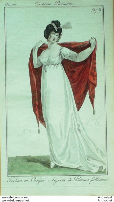 Gravure de mode Costume Parisien 1802 n° 375 (An 10) Aigrette de plumes Follettea