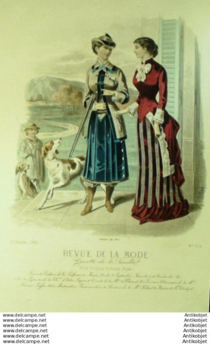 Gravure Mode La Gazette 1881 # 514 (Old Fashion plate) Amazone Chien