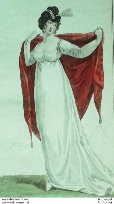 Gravure de mode Costume Parisien 1802 n° 375 (An 10) Aigrette de plumes Follettea