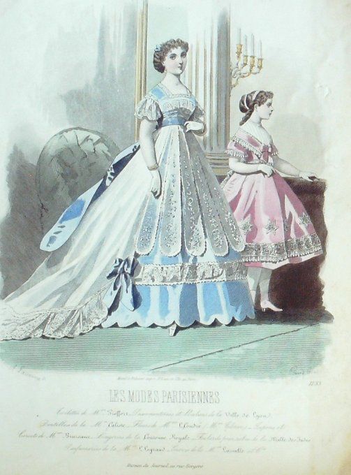 Gravure Les Modes Parisiennes 1865 #1233 Robes satin dentelle Maison Pieffort
