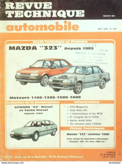 Revue Tech. Automobile 1988 n°491 Mazda 323 Citroen Cx Seat Ibiza