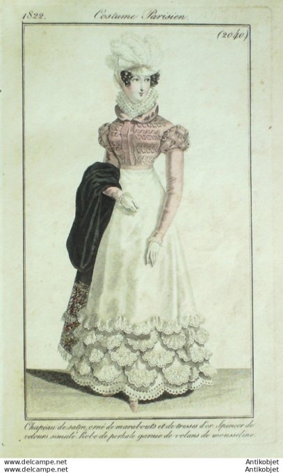 Gravure de mode Costume Parisien 1822 n°2040 Robe perkale garnie de volants