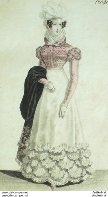 Gravure de mode Costume Parisien 1822 n°2040 Robe perkale garnie de volants