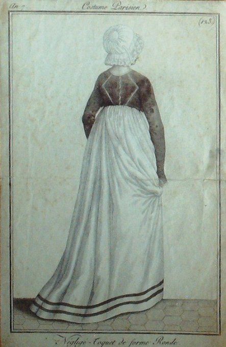Gravure Mode Costume Parisien 1799 an  7 # 123 (eau forte old Fashion plate