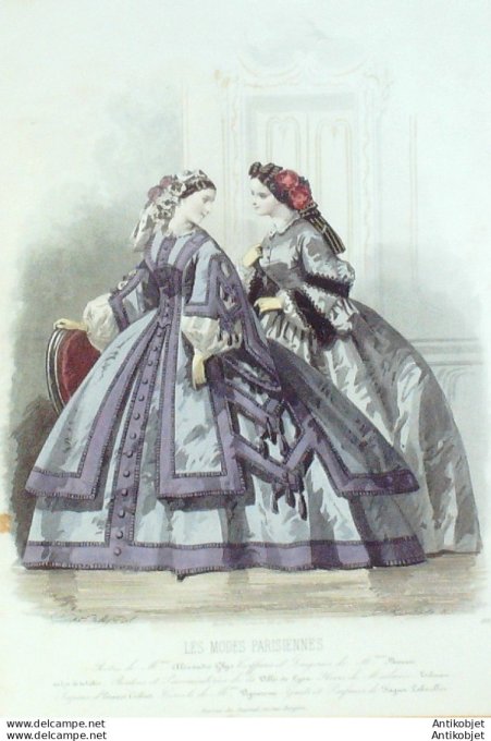 Gravure Les Modes Parisiennes 1860 # 895 Robes de promenade Maison Ghys