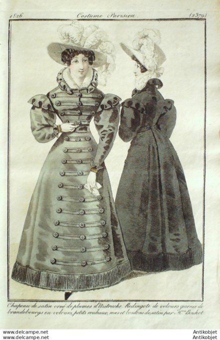 Gravure de mode Costume Parisien 1826 n°2379 Redingote velours & brandebourgs
