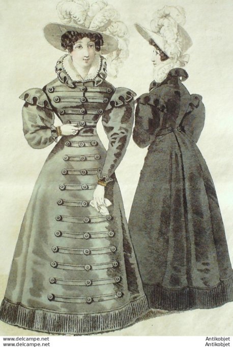 Gravure de mode Costume Parisien 1826 n°2379 Redingote velours & brandebourgs