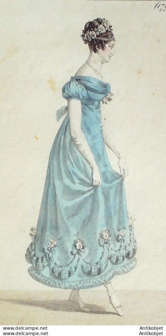 Gravure de mode Costume Parisien 1819 n°1796 Robe de crêpe à corsage frapé