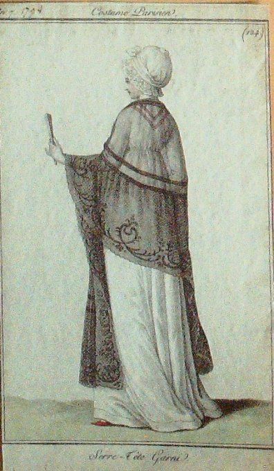Gravure Mode Costume Parisien 1799 an  7 # 124 (eau forte old Fashion plate