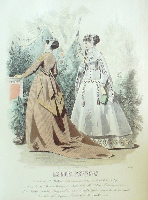Gravure Les Modes Parisiennes 1865 #1264 Robes coton rayé Maison Pieffort