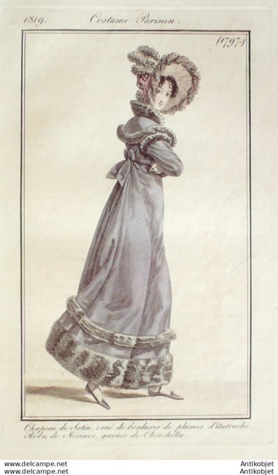 Gravure de mode Costume Parisien 1819 n°1797 Robe de mérinos