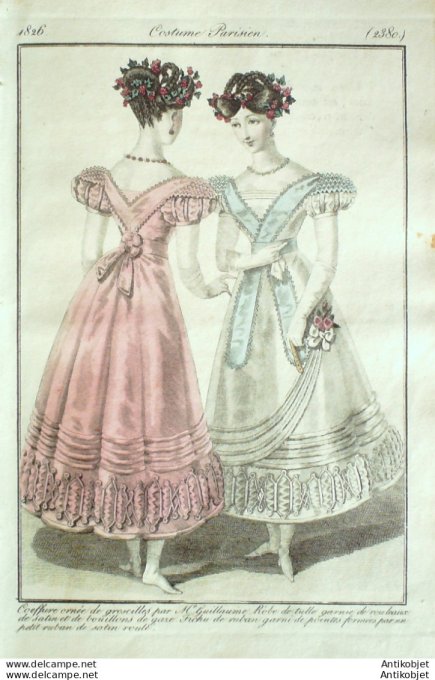 Gravure de mode Costume Parisien 1826 n°2380 Robe tulle & satin