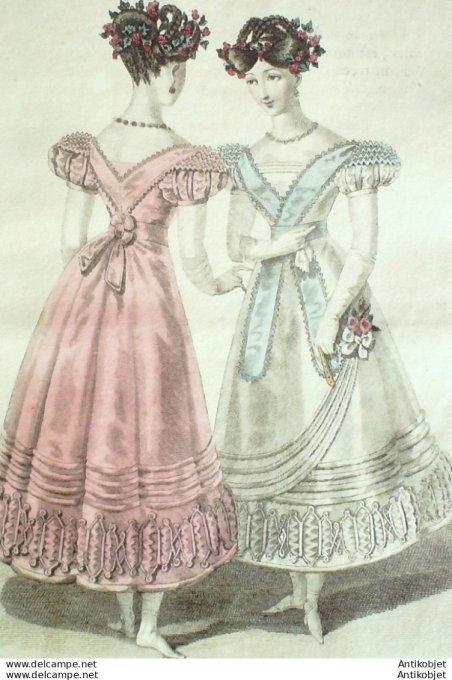 Gravure de mode Costume Parisien 1826 n°2380 Robe tulle & satin