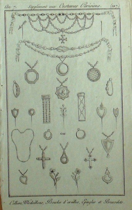 Gravure Mode Costume Parisien 1799 an  7 # 127 (eau forte old Fashion plate