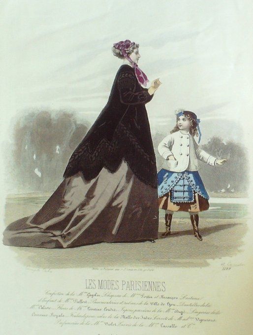 Gravure Les Modes Parisiennes 1865 #1289 Robe satin Maison Cagelin