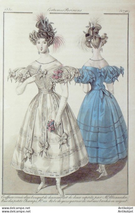 Gravure de mode Costume Parisien 1830 n°2792 Robe de gaze garnie de rubans
