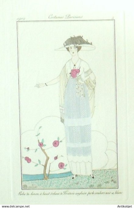 Gravure Costume Parisien 1912 #  5 Martin Charles (eau forte) Robes de Linon