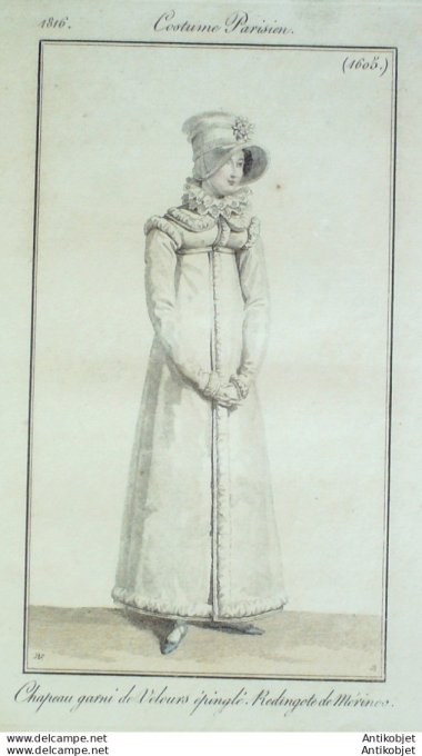 Gravure de mode Costume Parisien 1816 n°1605 Redingote de mérinos