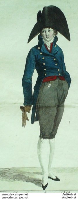 Gravure de mode Costume Parisien 1802 n° 377 (An 10) Mise d'un jeune homme
