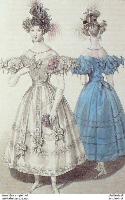 Gravure de mode Costume Parisien 1830 n°2792 Robe de gaze garnie de rubans