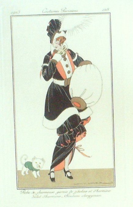 Gravure Costume Parisien 1913 #128 Lhuer Victor (eau forte) Robe Zibeline & Hermine