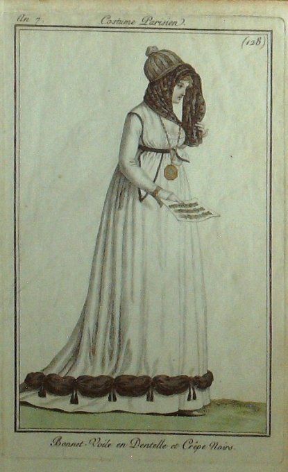 Gravure Mode Costume Parisien 1799 an  7 # 128 (eau forte old Fashion plate