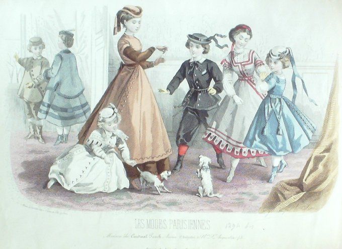Gravure Les Modes Parisiennes 1865 #1294b Costumes enfants Maison Cardinal Fesch