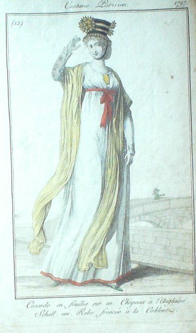 Gravure Mode Costume Parisien 1797 an  5 #  12 (eau forte old Fashion plate