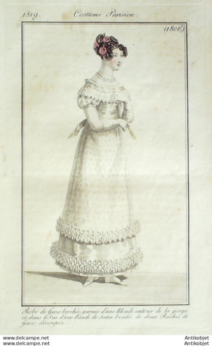 Gravure de mode Costume Parisien 1819 n°1806 Robe de gaze brochée  garnie