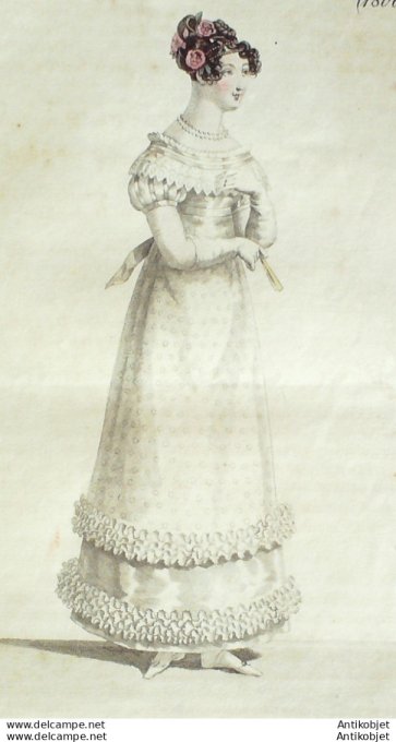 Gravure de mode Costume Parisien 1819 n°1806 Robe de gaze brochée  garnie