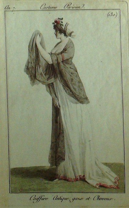 Gravure Mode Costume Parisien 1799 an  7 # 130 (eau forte old Fashion plate