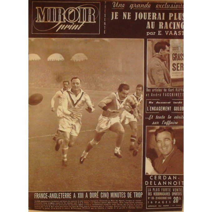 Miroir Sprint 1948 n° 130 29/11 TERREAU PUIG/AUBERT  FRANCE/ANGLETERRE RACING/TYROS