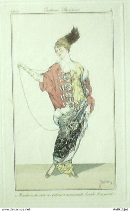 Gravure Costume Parisien 1912 #  4 Drian Adrien Etienne  Etienne (eau forte) Manteau de Velours