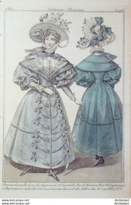 Gravure de mode Costume Parisien 1830 n°2793 Redingote de gros de Naples