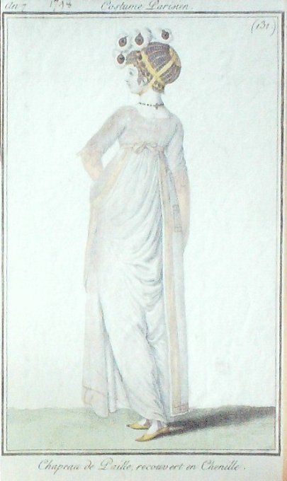 Gravure Mode Costume Parisien 1799 an  7 # 131 (eau forte old Fashion plate