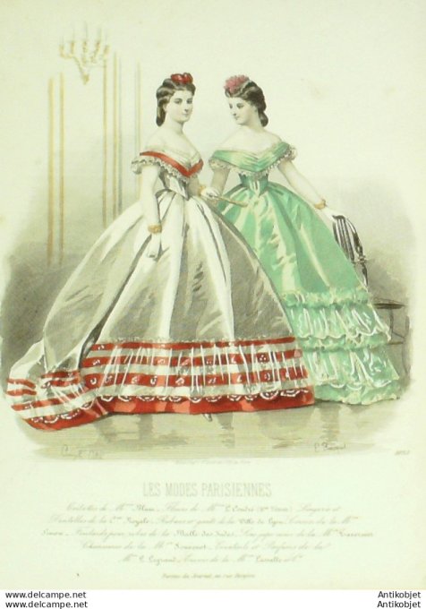 Gravure Les Modes Parisiennes 1863 #1093 Robes gros d'Italie Maison Blum
