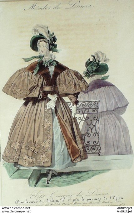Gravure de mode Petit courrier des Dames 1831 n° 925 Manteau avec ceintures
