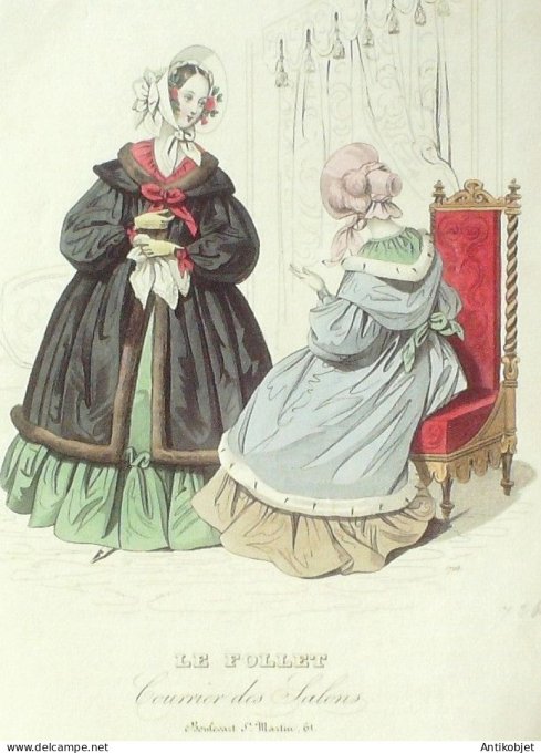 Gravure Mode Le Follet 1841 # 726 (aquarelle Old Fashion plate)