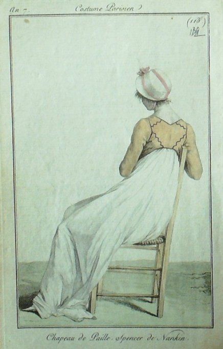 Gravure Mode Costume Parisien 1799 an  7 # 132 (eau forte old Fashion plate