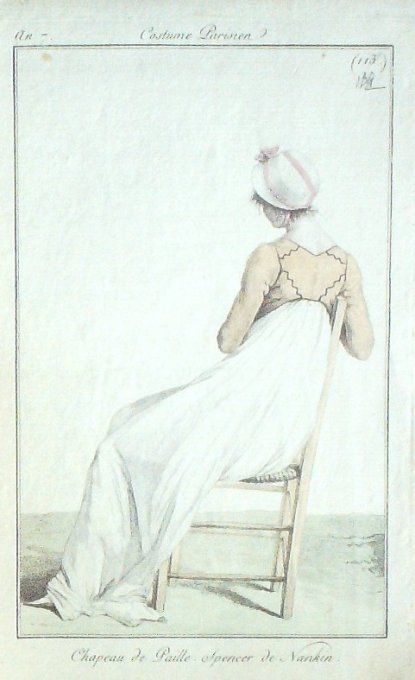 Gravure Mode Costume Parisien 1799 an  7 # 132 (eau forte old Fashion plate