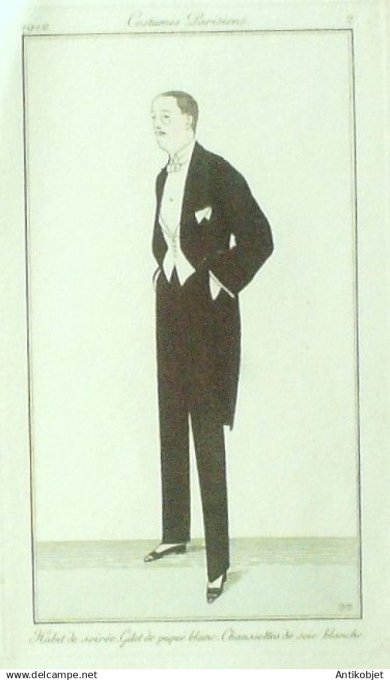 Gravure Costume Parisien 1912 #  2 Boutet de Monvel Bernard (eau forte) Habit de soirée homme